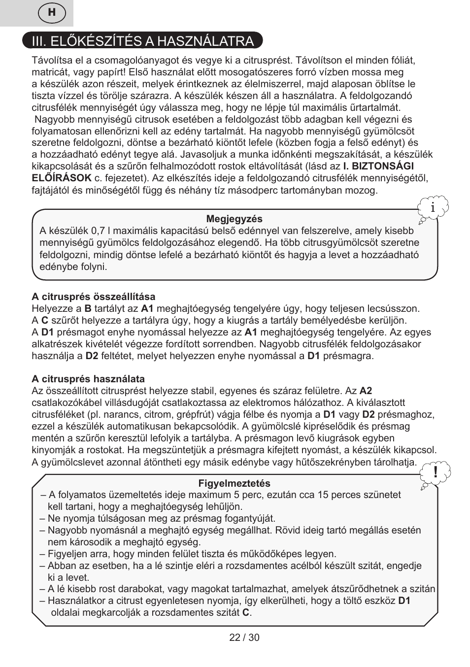 Iii. előkészítés a használatra | ETA Limet User Manual | Page 22 / 32
