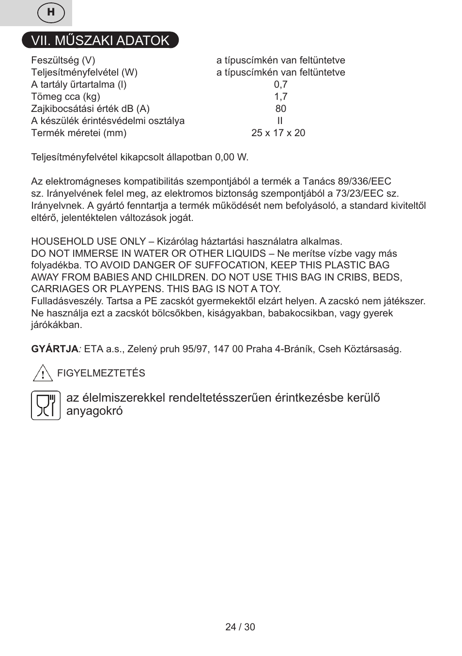 Vii. műszaki adatok | ETA Limet User Manual | Page 24 / 32