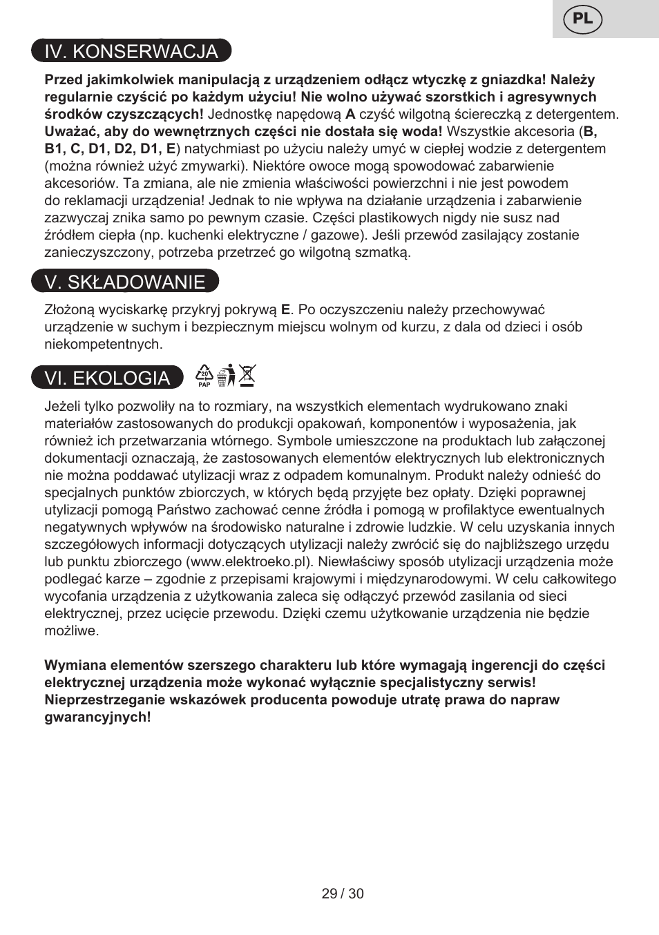 Iv. konserwacja, V. składowanie, Vi. ekologia | ETA Limet User Manual | Page 29 / 32