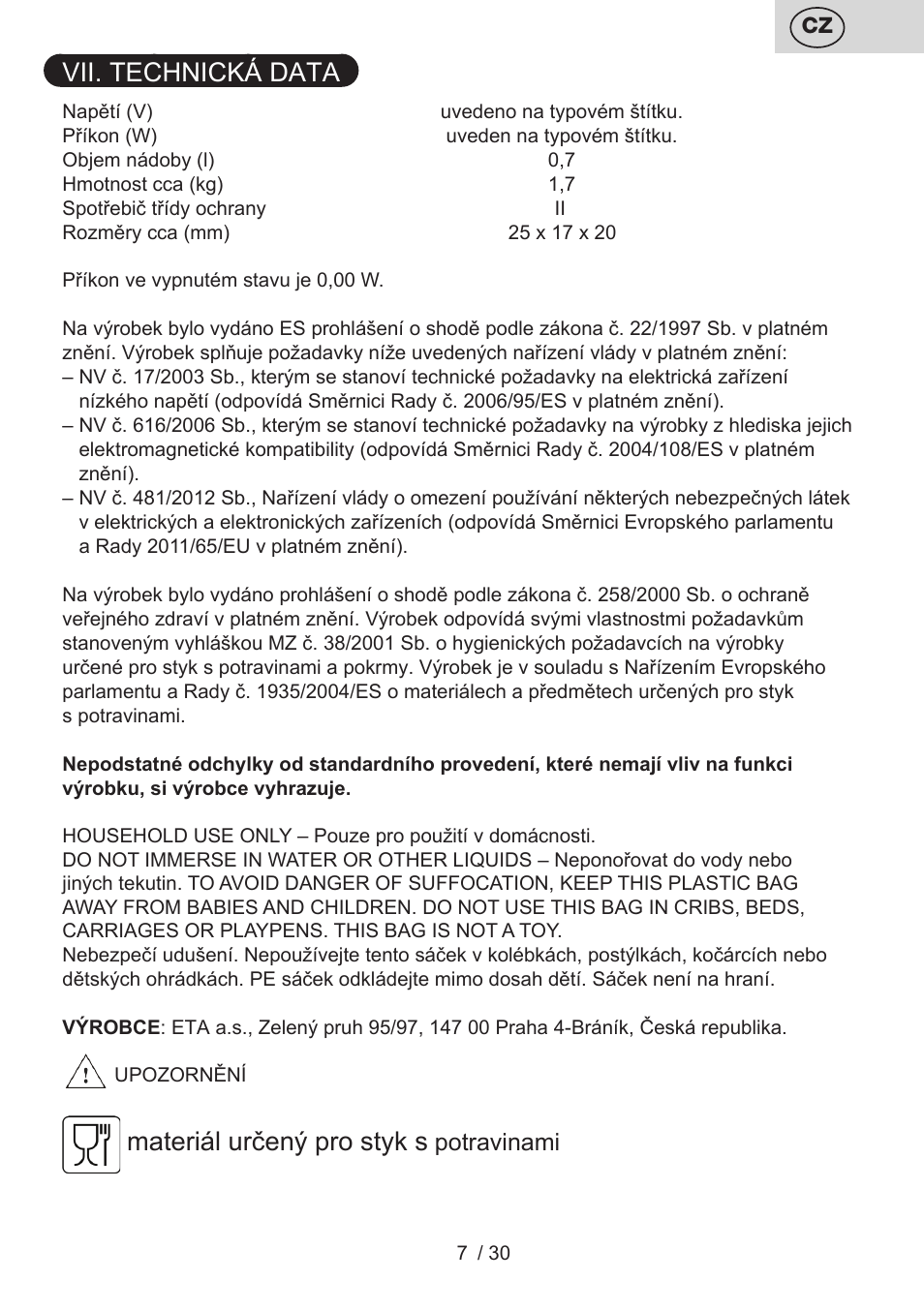 Vii. technická data, Materiál určený pro styk s, Potravinami | ETA Limet User Manual | Page 7 / 32
