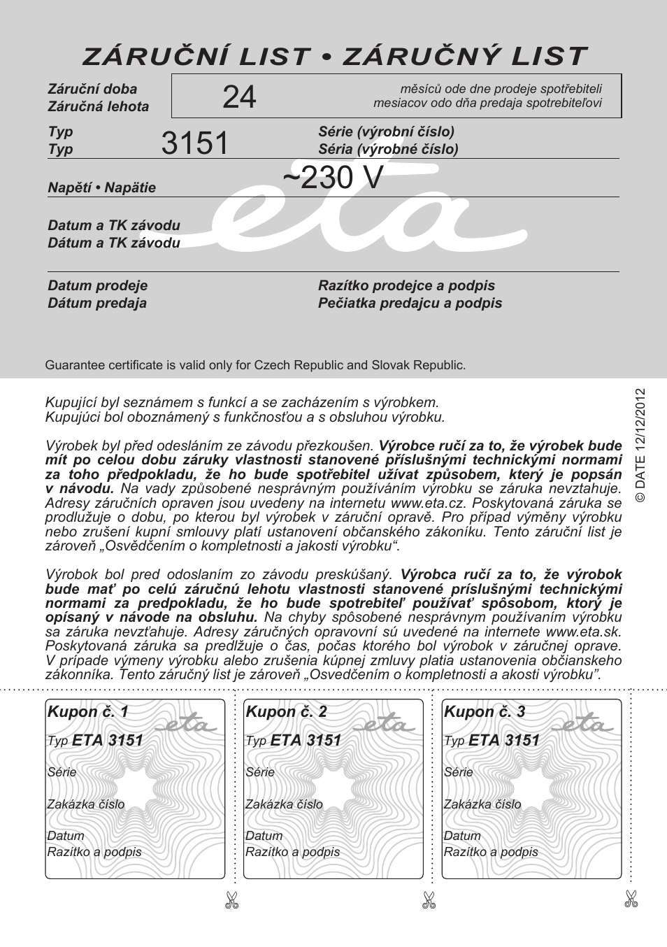 List, Záruční list • záručný | ETA Valori User Manual | Page 44 / 44