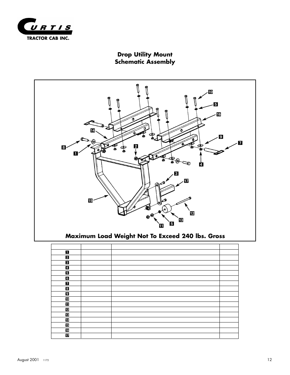 Drop utility mount schematic assembly, Maximum load weight not to exceed 240 lbs. gross | Curtis 175 User Manual | Page 13 / 23