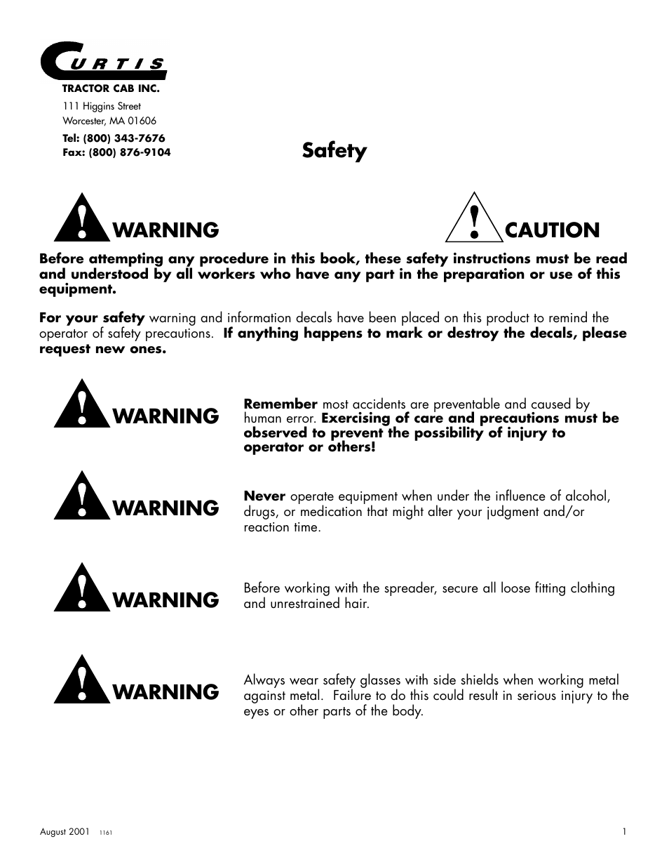 Safety, Warning caution warning warning warning warning | Curtis 175 User Manual | Page 2 / 23