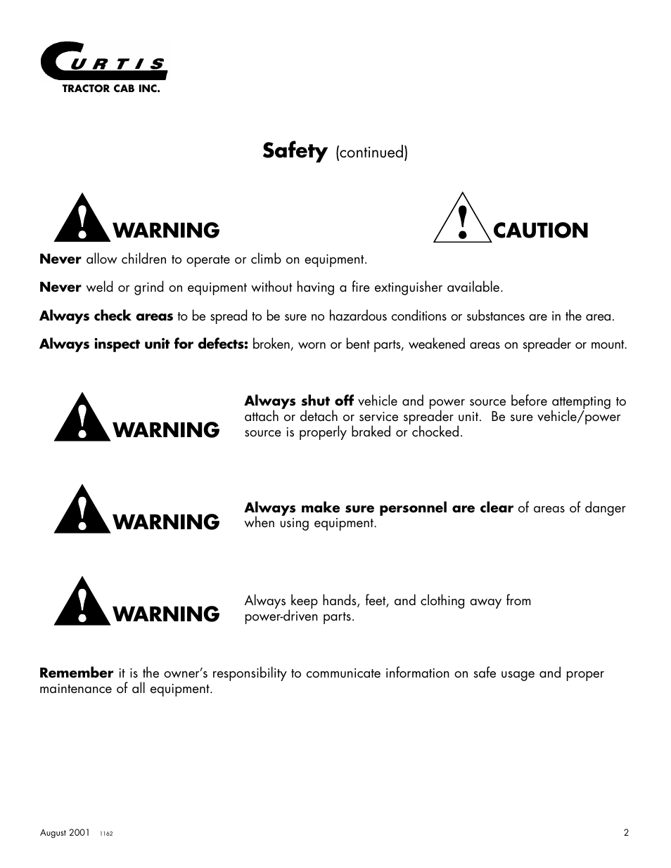Safety, Caution warning warning warning warning | Curtis 175 User Manual | Page 3 / 23