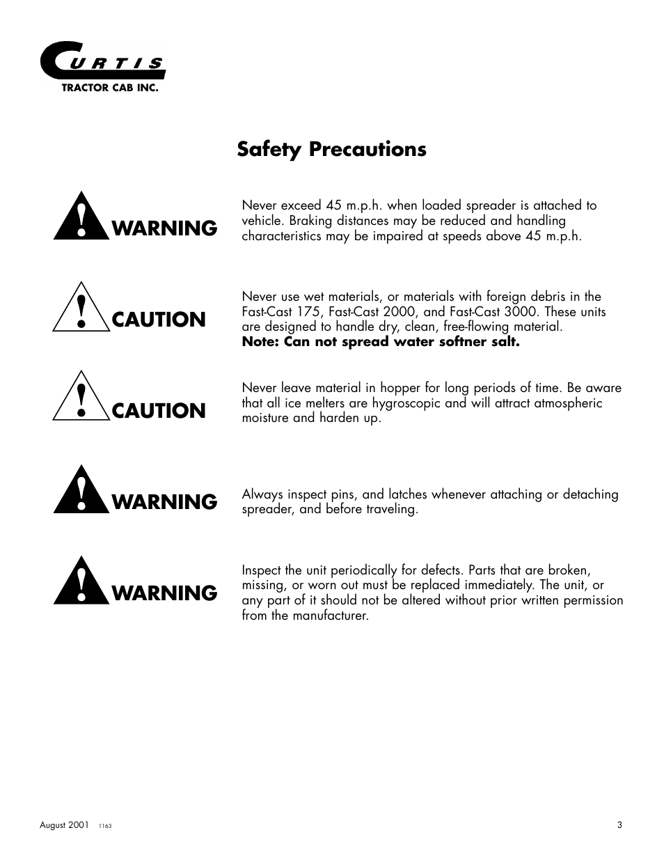 Safety precautions, Warning caution caution warning warning | Curtis 175 User Manual | Page 4 / 23