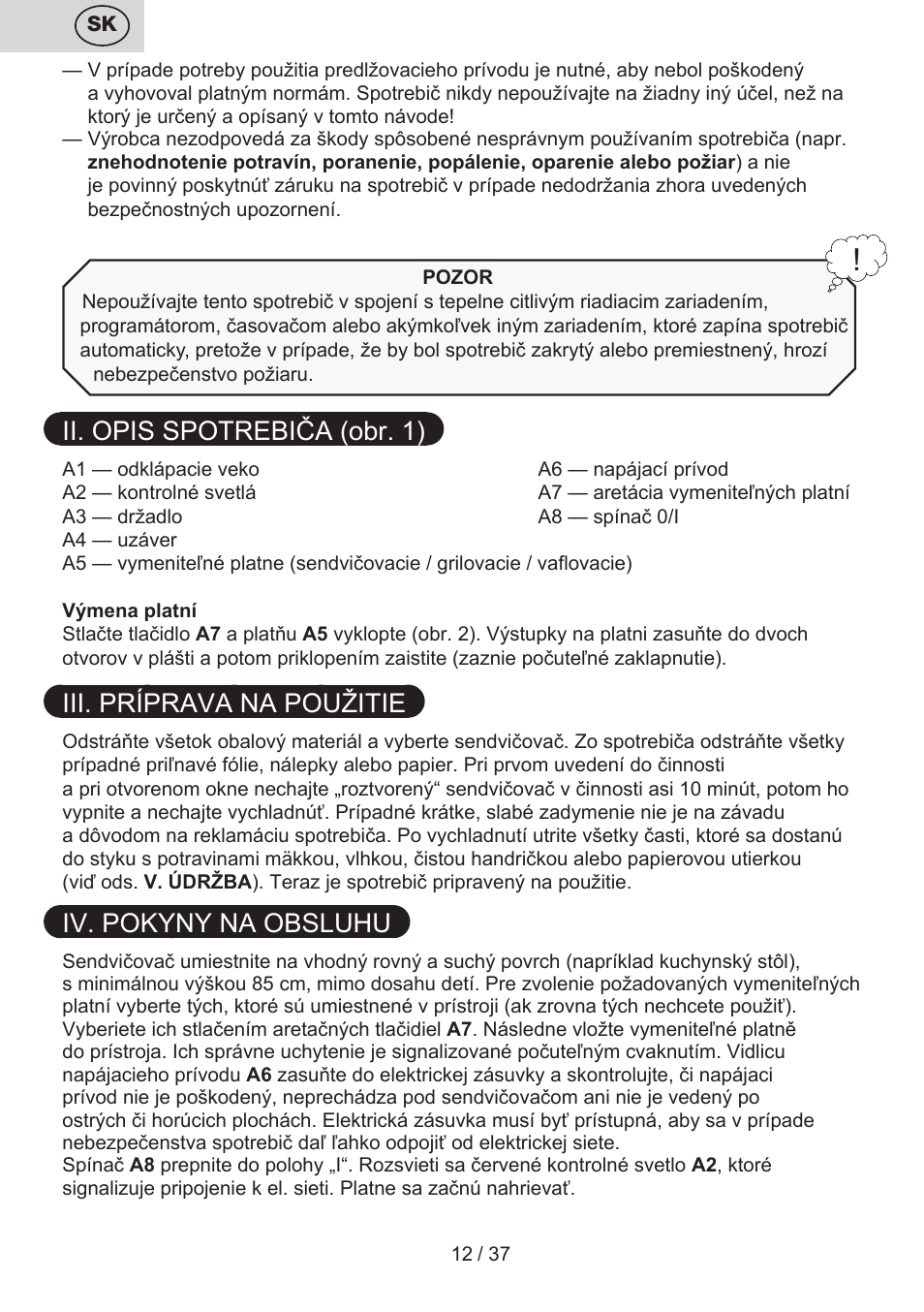 Ii. opis spotrebiča (obr. 1), Iii. príprava na použitie, Iv. pokyny na obsluhu | ETA Tampo User Manual | Page 12 / 40