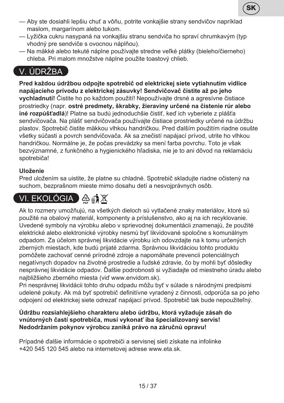 V. údržba, Vi. ekológia | ETA Tampo User Manual | Page 15 / 40
