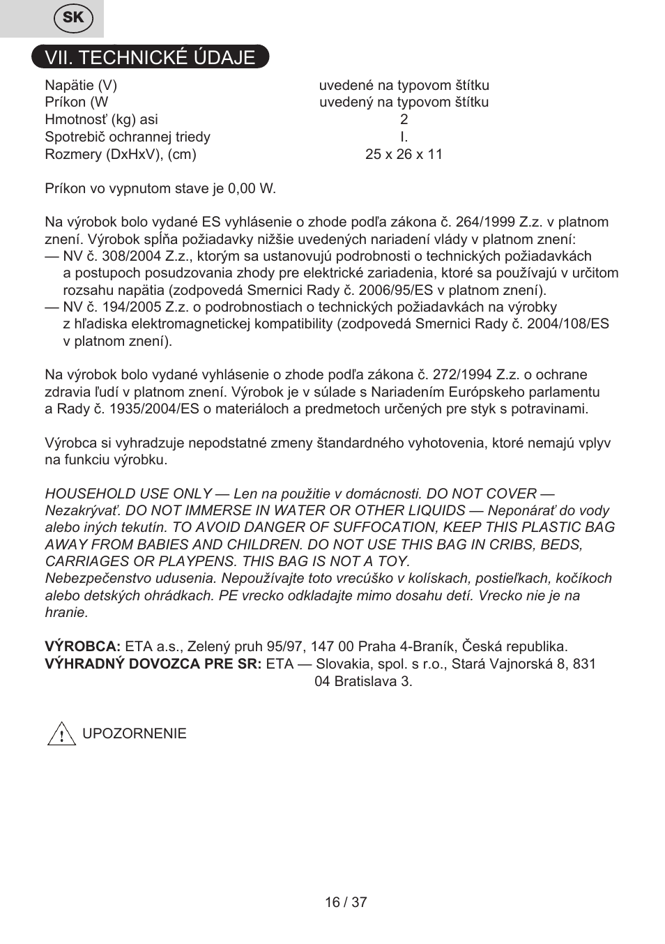 Vii. technické údaje | ETA Tampo User Manual | Page 16 / 40
