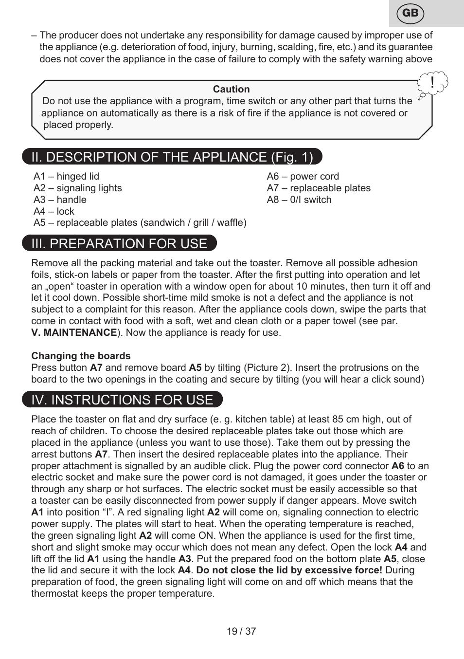 Ii. description of the appliance (fig. 1), Iii. preparation for use, Iv. instructions for use | ETA Tampo User Manual | Page 19 / 40