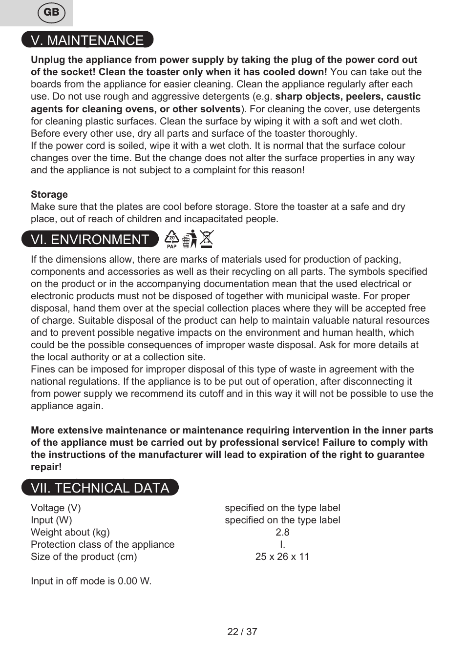 V. maintenance, Vi. environment, Vii. technical data | ETA Tampo User Manual | Page 22 / 40