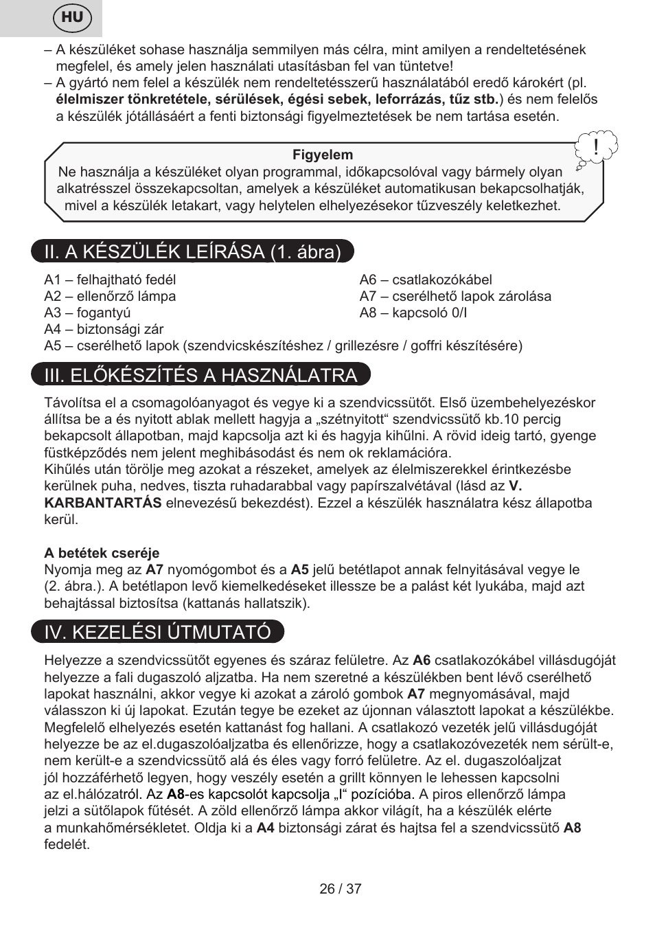 Ii. a készülék leírása (1. ábra), Iii. előkészítés a használatra, Iv. kezelési útmutató | ETA Tampo User Manual | Page 26 / 40
