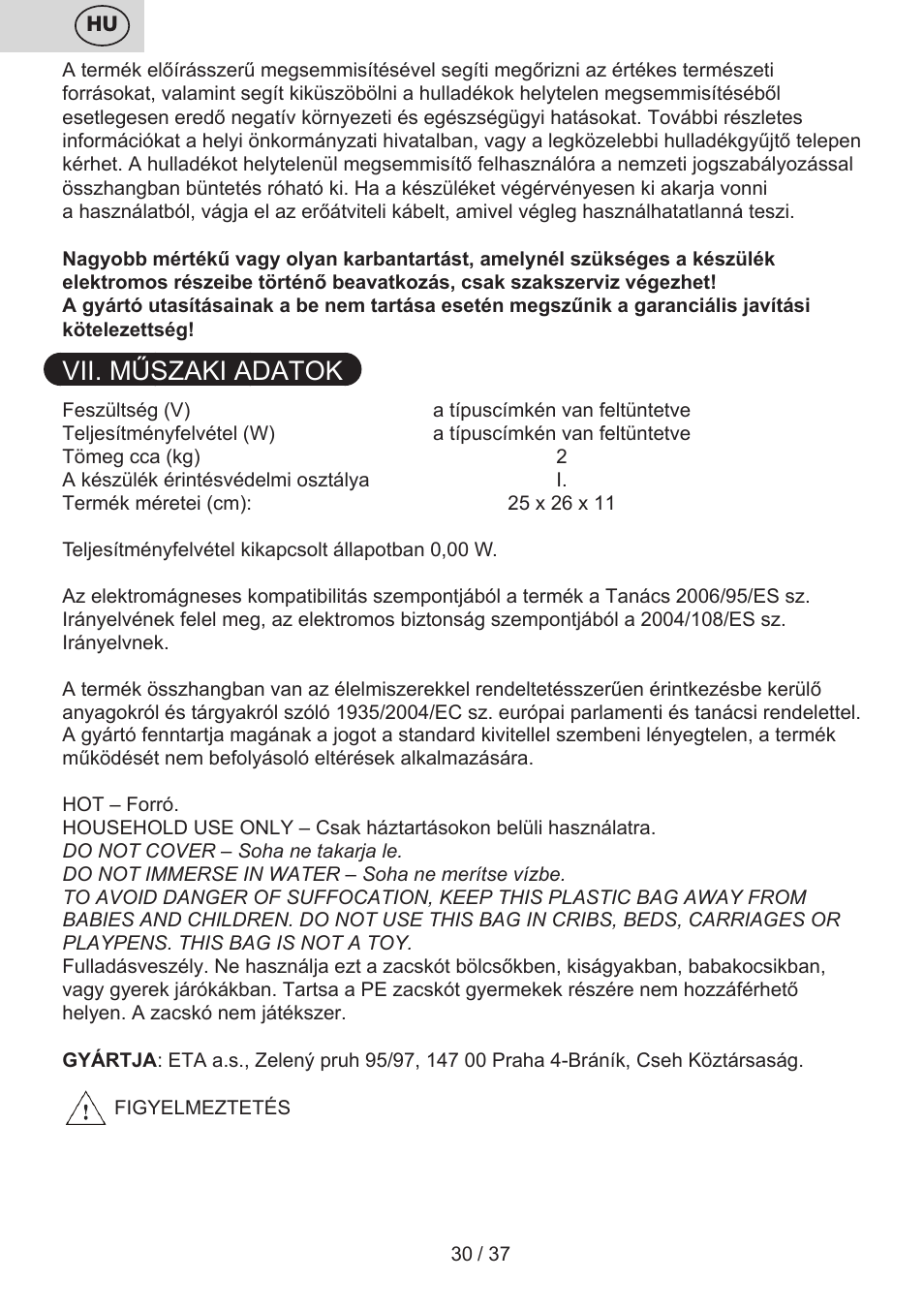 Vii. műszaki adatok | ETA Tampo User Manual | Page 30 / 40