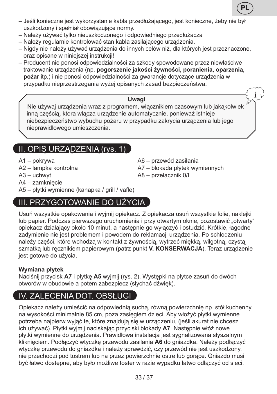 Ii. opis urządzenia (rys. 1), Iii. przygotowanie do użycia, Iv. zalecenia dot. obsługi | ETA Tampo User Manual | Page 33 / 40