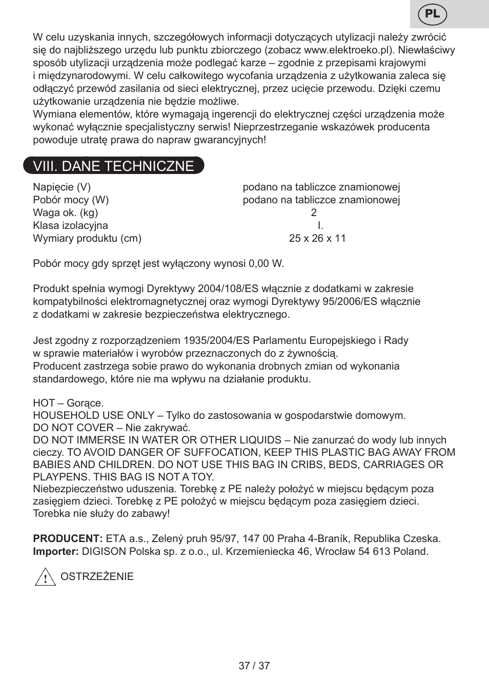 Viii. dane techniczne | ETA Tampo User Manual | Page 37 / 40