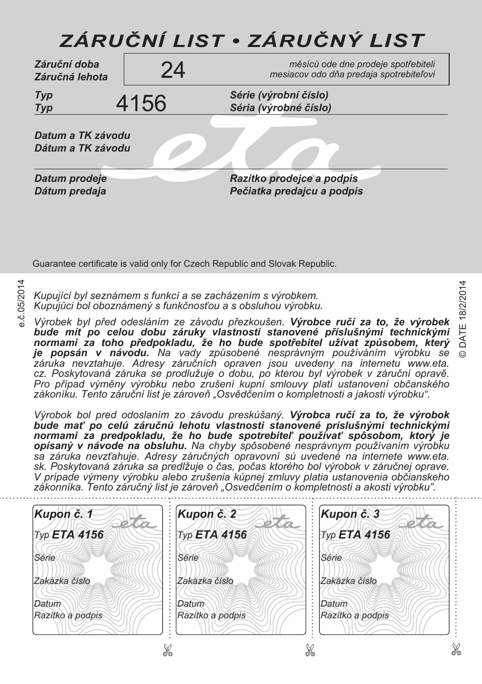 List, Záruční list • záručný | ETA Tampo User Manual | Page 40 / 40