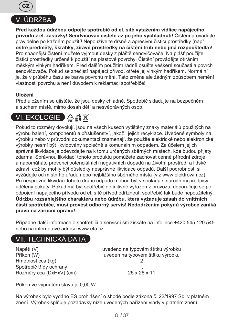 V. údržba, Vi. ekologie, Vii. technická data | ETA Tampo User Manual | Page 8 / 40