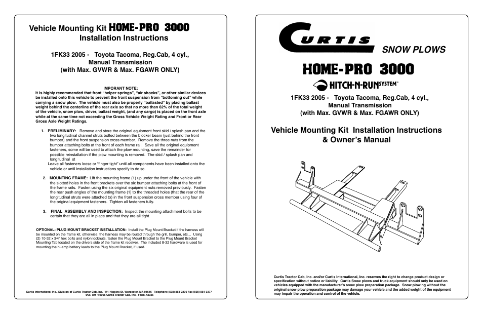 Snow plows, Vehicle mounting kit installation instructions | Curtis Home-Pro 3000 User Manual | Page 4 / 4