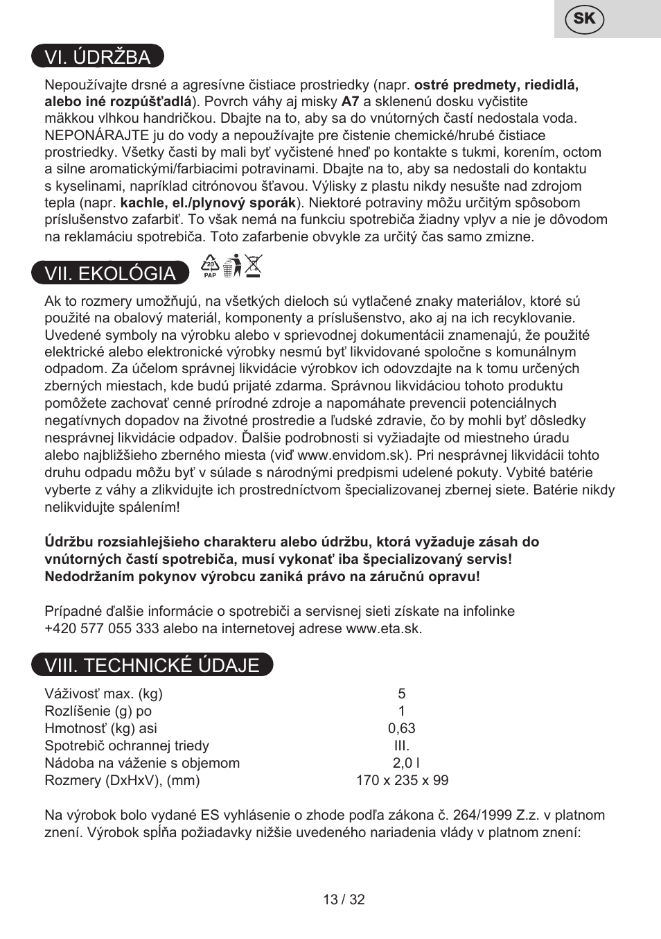 Vi. údržba, Vii. ekológia, Viii. technické údaje | ETA Popi User Manual | Page 13 / 36