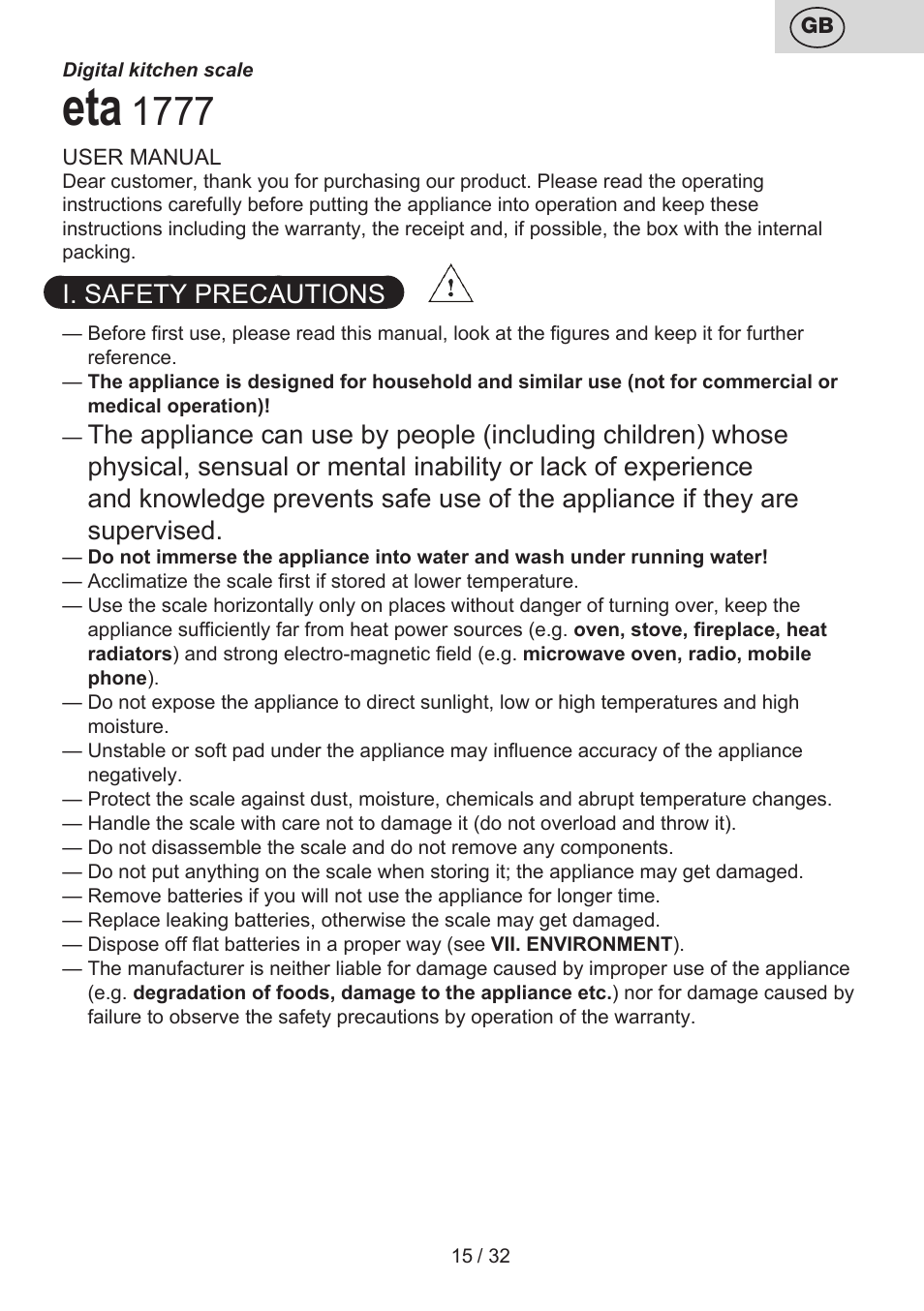 I. safety precautions | ETA Popi User Manual | Page 15 / 36