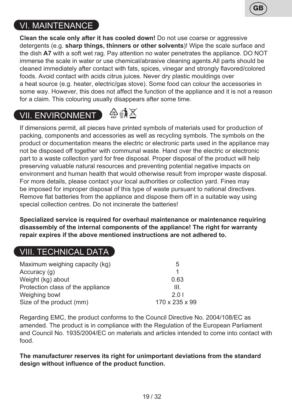 Vi. maintenance, Vii. environment, Viii. technical data | ETA Popi User Manual | Page 19 / 36