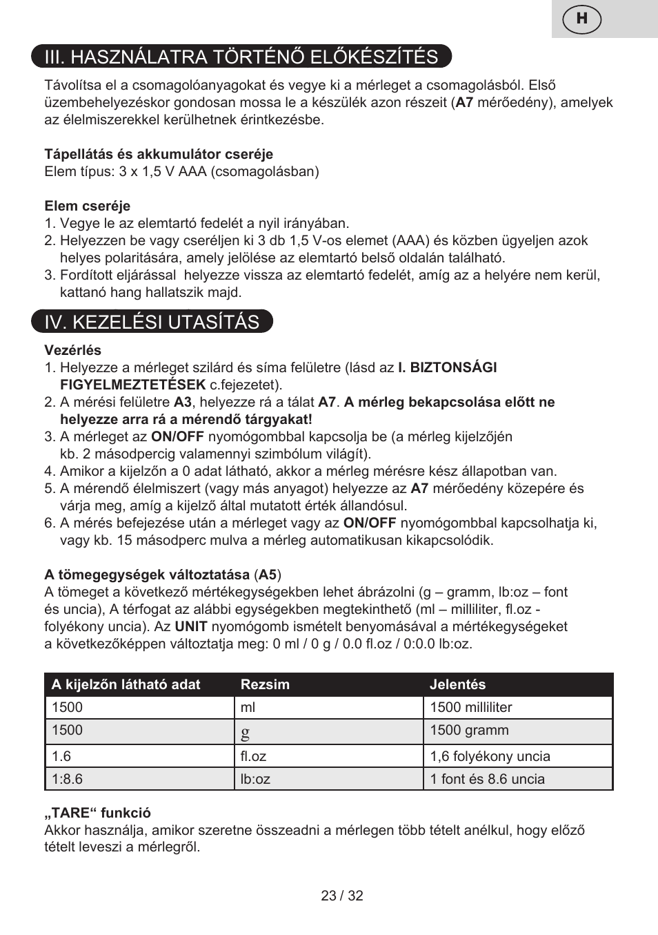 Iii. használatra történő előkészítés, Iv. kezelési utasítás | ETA Popi User Manual | Page 23 / 36