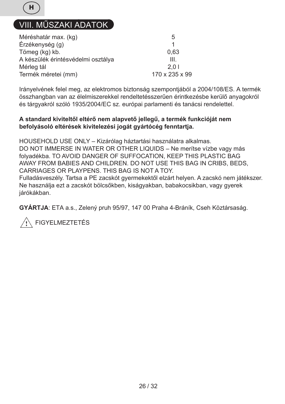 Viii. műszaki adatok | ETA Popi User Manual | Page 26 / 36