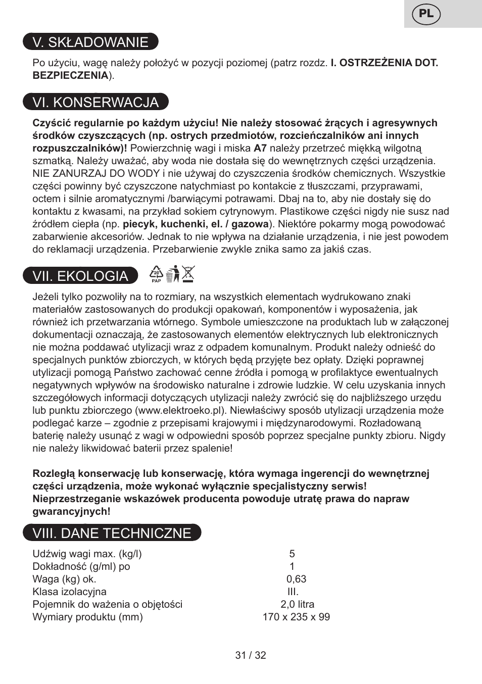 V. składowanie, Vi. konserwacja, Vii. ekologia | Viii. dane techniczne | ETA Popi User Manual | Page 31 / 36