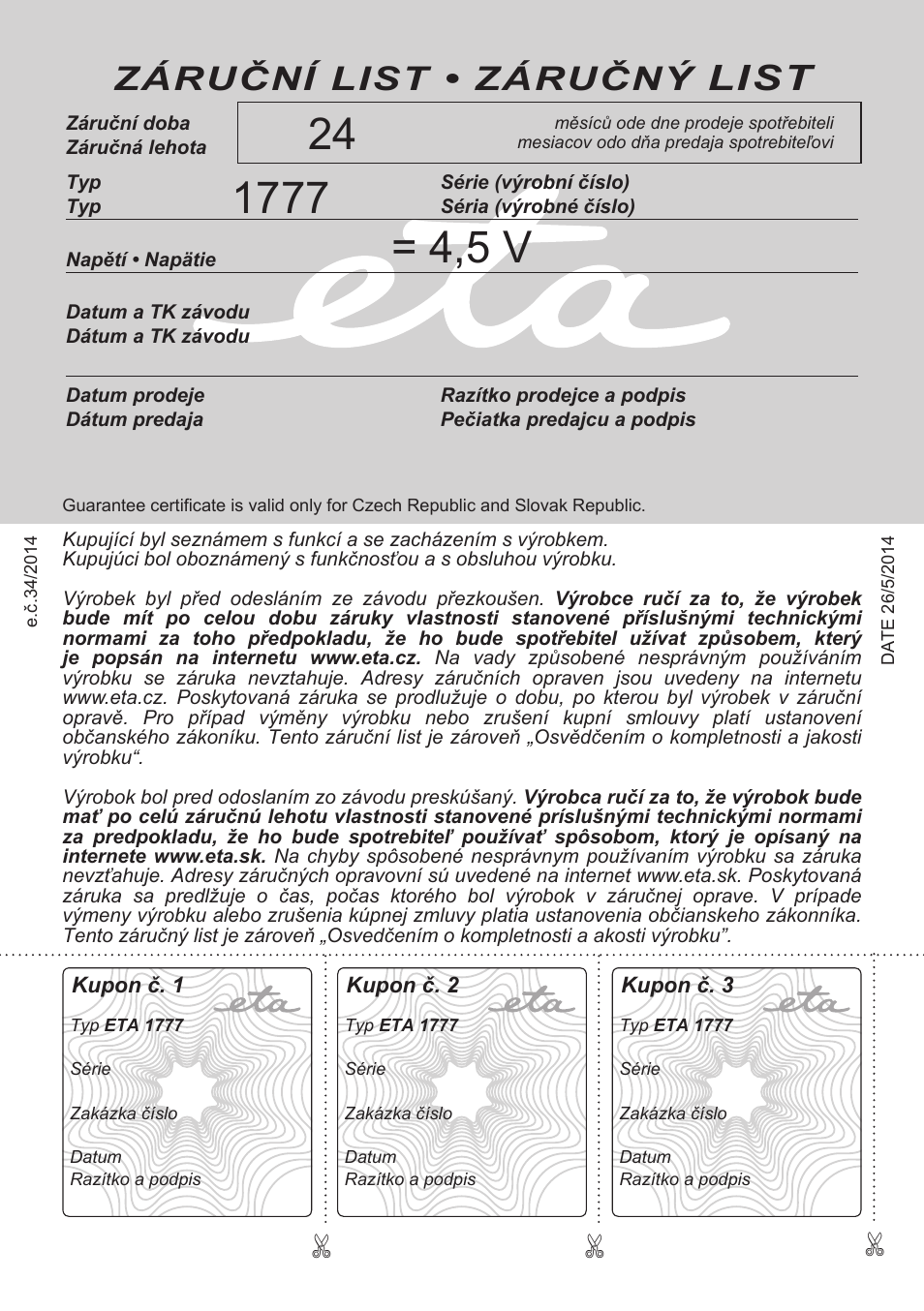 List, Záruční list • záručný | ETA Popi User Manual | Page 36 / 36