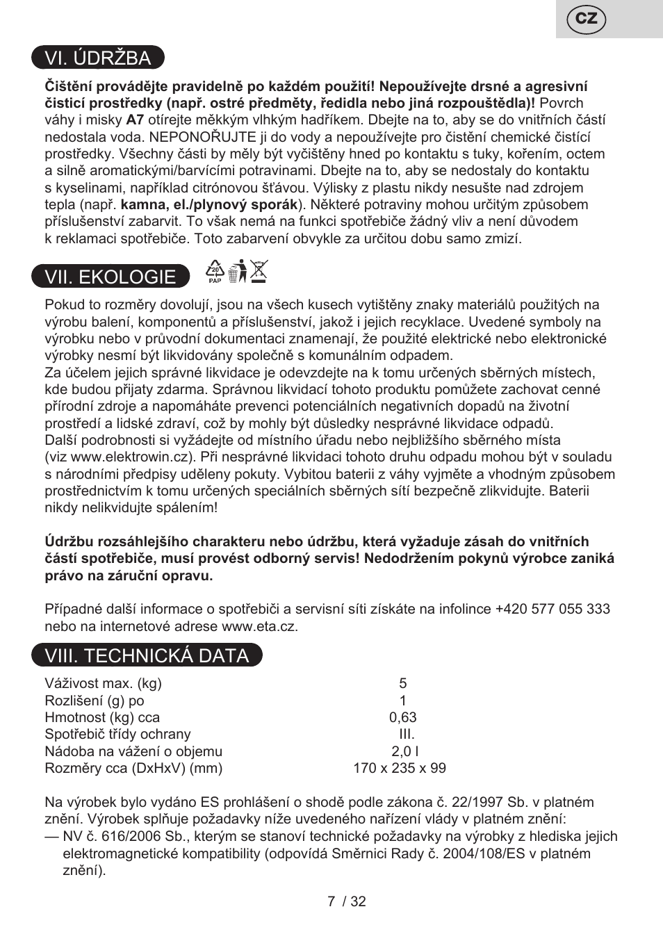 Vi. údržba, Vii. ekologie, Viii. technická data | ETA Popi User Manual | Page 7 / 36