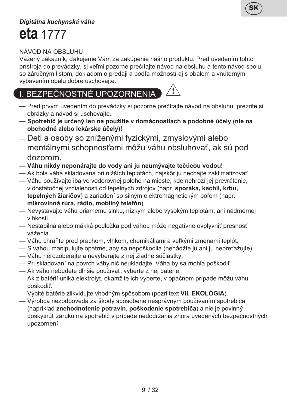 I. bezpečnostné upozornenia | ETA Popi User Manual | Page 9 / 36