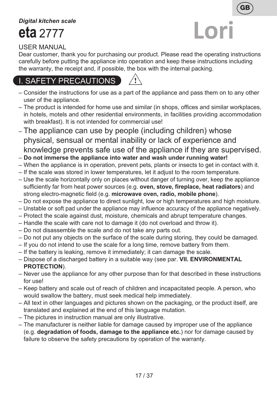 Lori, I. safety precautions | ETA Lori User Manual | Page 17 / 40