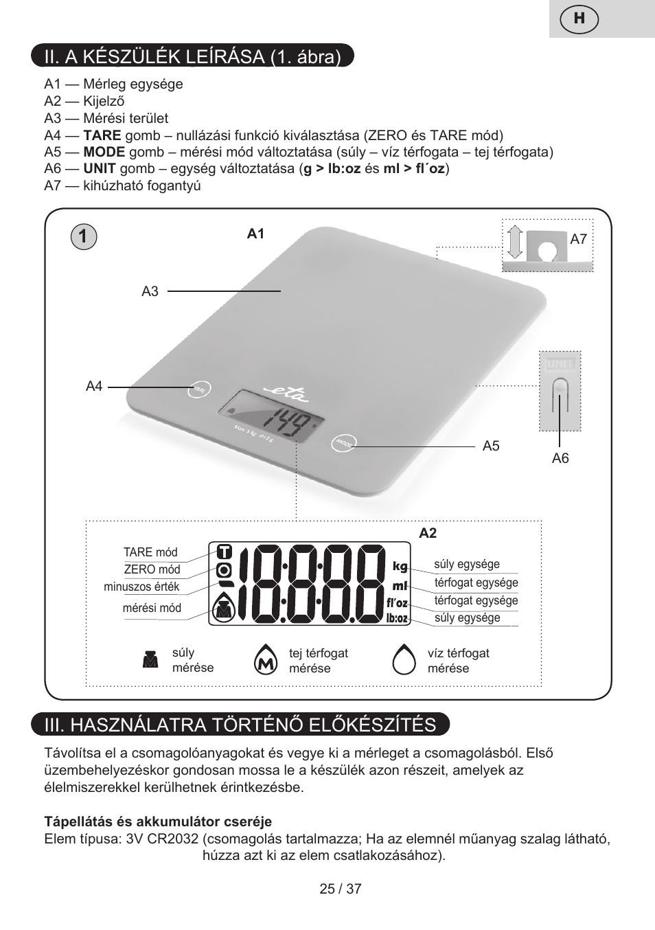 Ii. a készülék leírása (1. ábra), Iii. használatra történő előkészítés | ETA Lori User Manual | Page 25 / 40