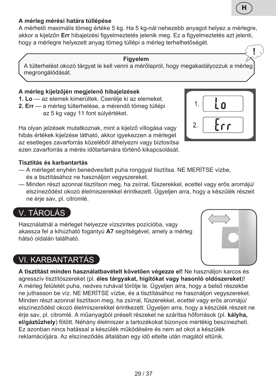 V. tárolás, Vi. karbantartás | ETA Lori User Manual | Page 29 / 40