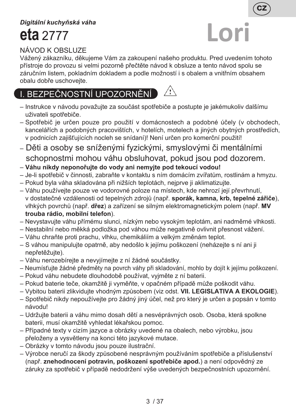 Lori, I. bezpečnostní upozornění | ETA Lori User Manual | Page 3 / 40