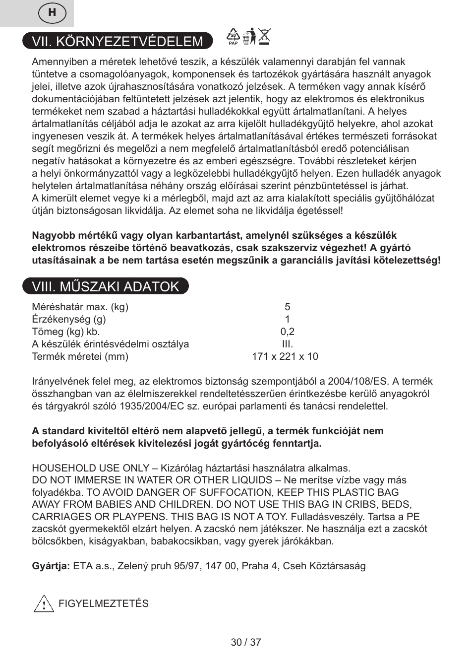 Vii. környezetvédelem, Viii. műszaki adatok | ETA Lori User Manual | Page 30 / 40