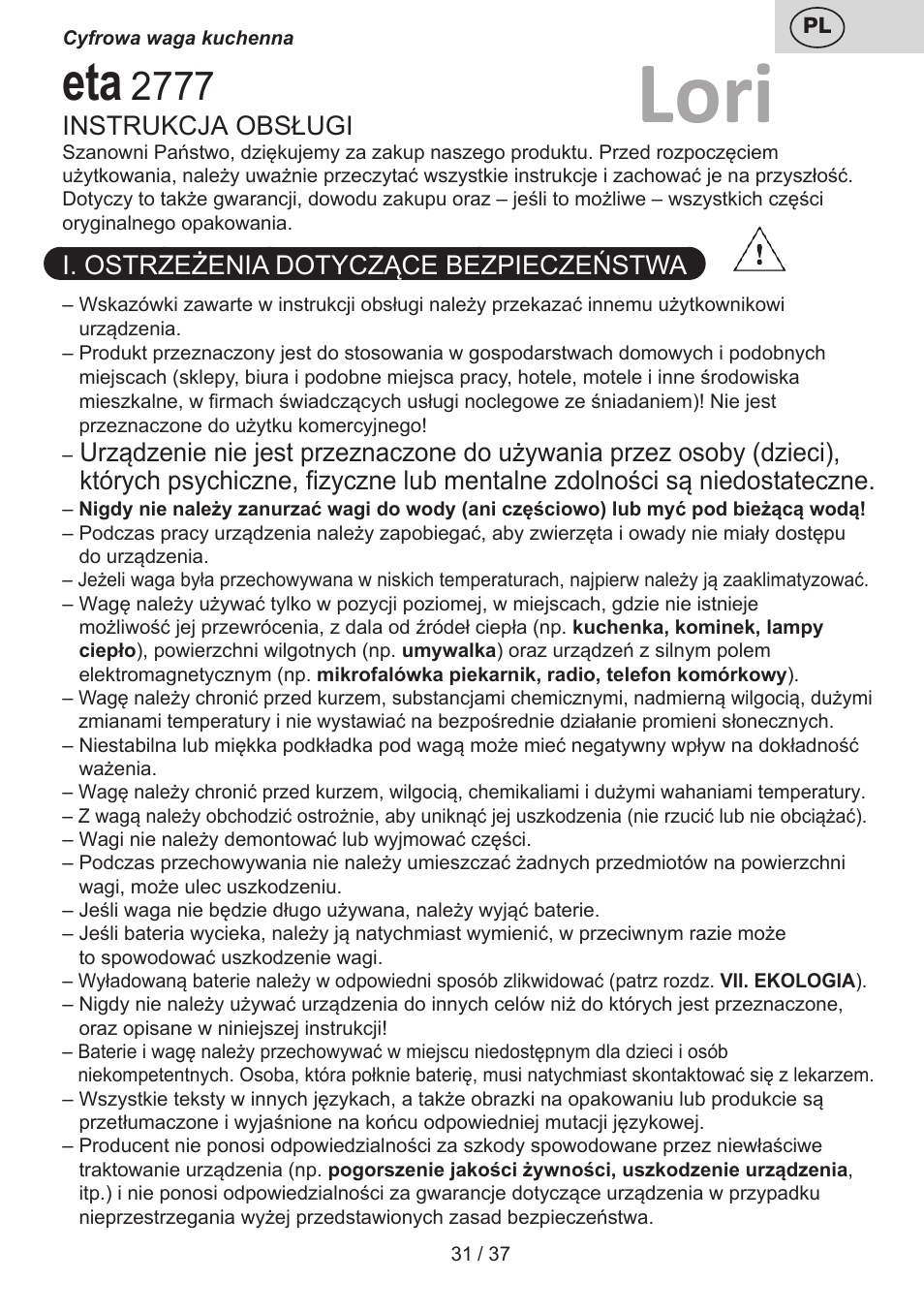 Lori, Instrukcja obsługi, I. ostrzeżenia dotyczące bezpieczeństwa | ETA Lori User Manual | Page 31 / 40