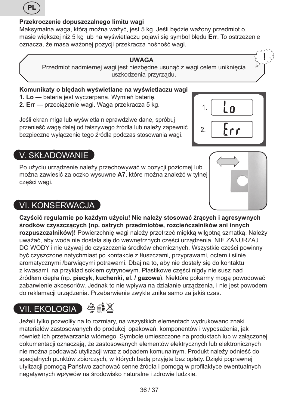 V. składowanie, Vi. konserwacja, Vii. ekologia | ETA Lori User Manual | Page 36 / 40