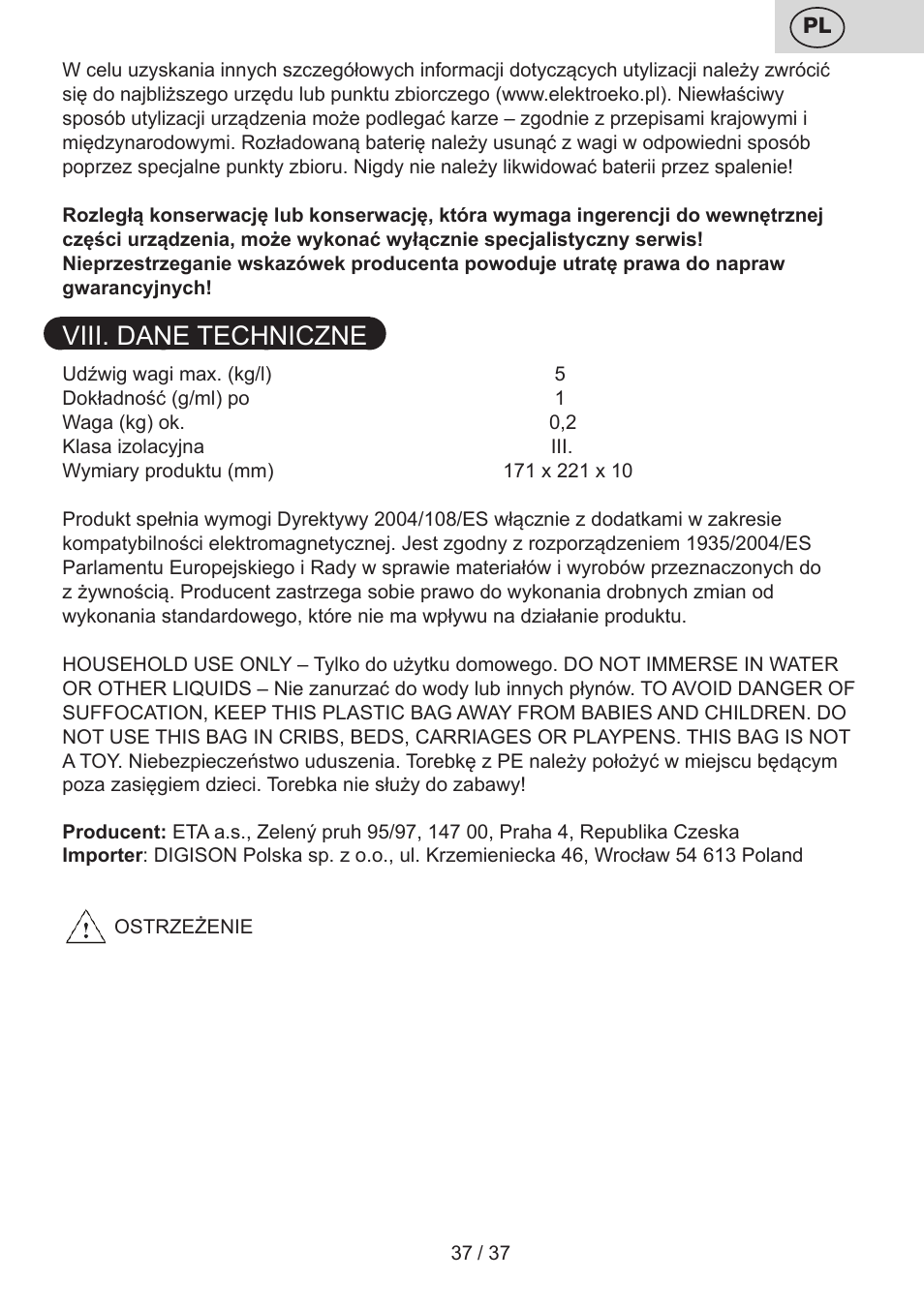 Viii. dane techniczne | ETA Lori User Manual | Page 37 / 40