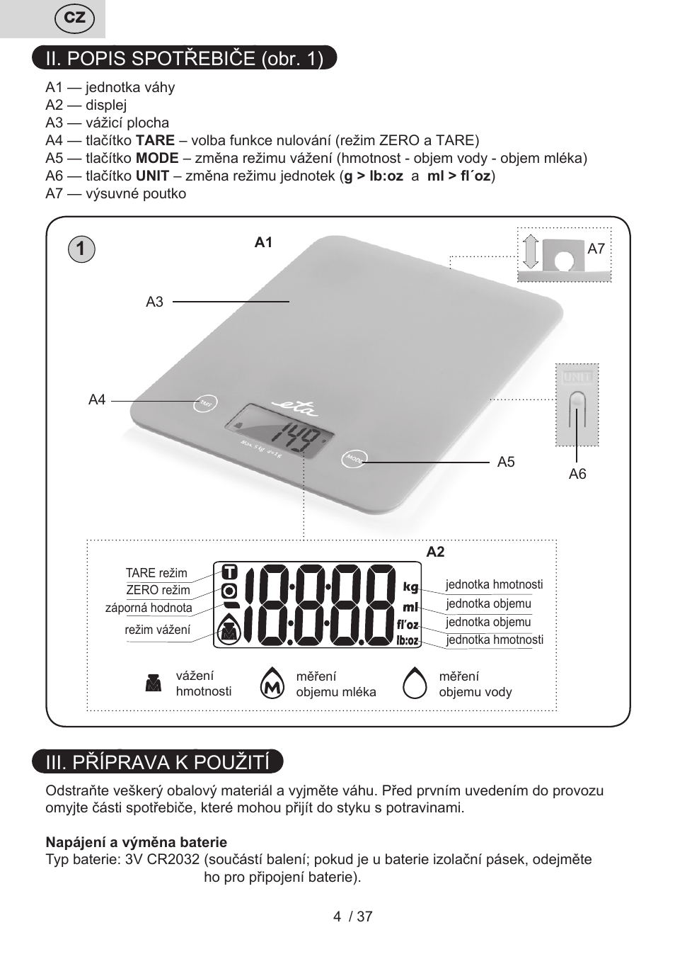 Ii. popis spotřebiče (obr. 1), Iii. příprava k použití | ETA Lori User Manual | Page 4 / 40