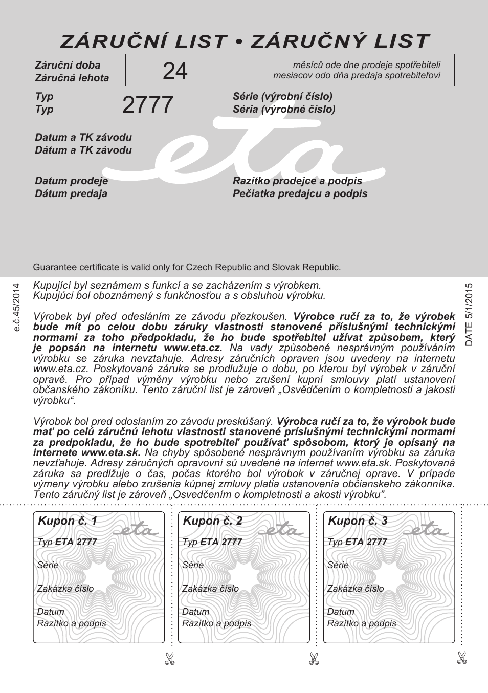 List, Záruční list • záručný | ETA Lori User Manual | Page 40 / 40