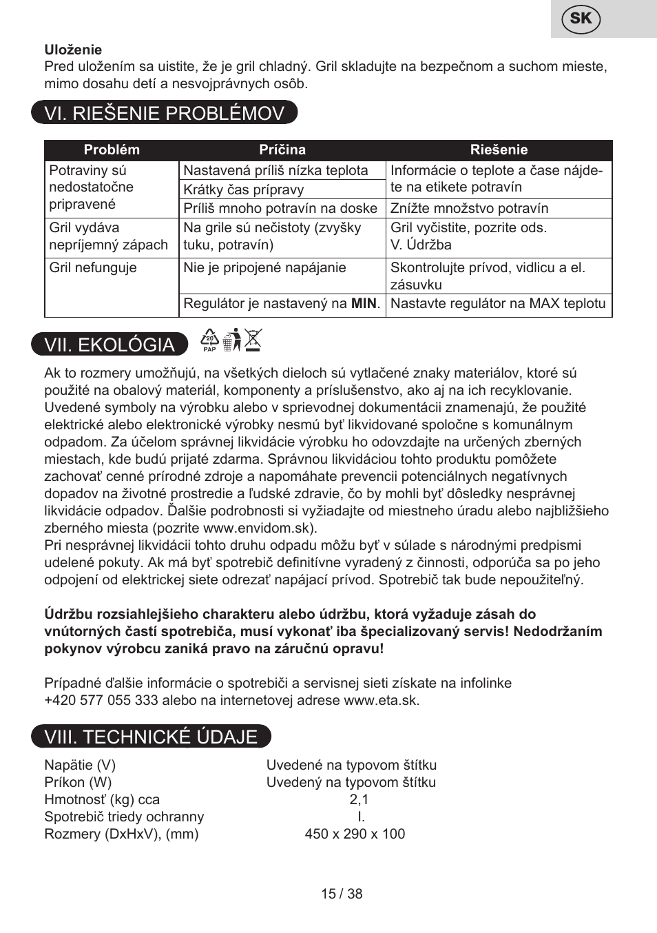Vi. riešenie problémov, Vii. ekológia, Viii. technické údaje | ETA Grado User Manual | Page 15 / 40
