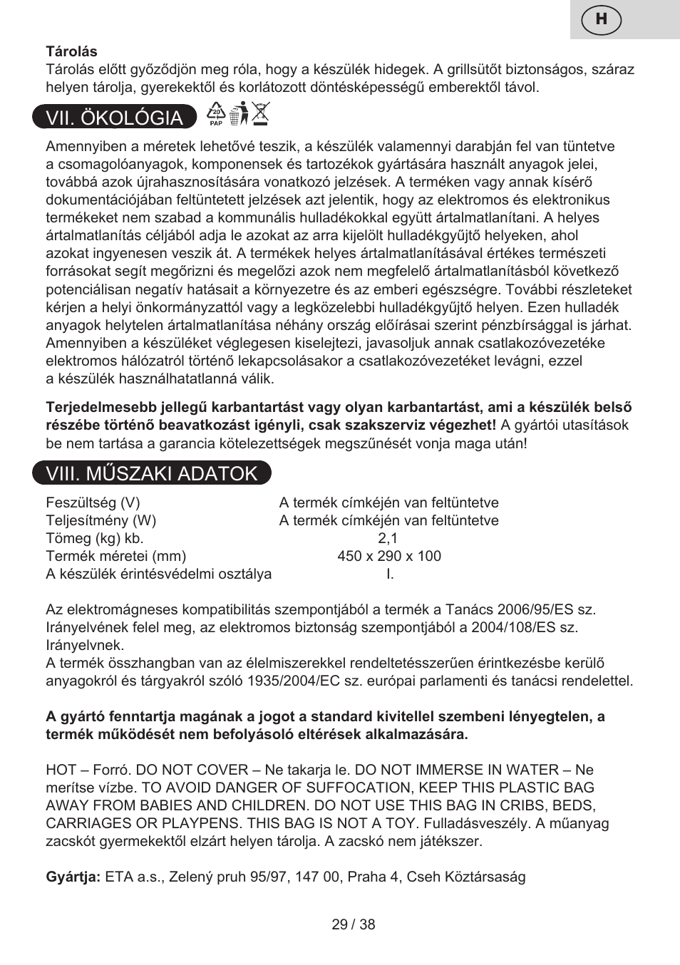 Vii. ökológia, Viii. műszaki adatok | ETA Grado User Manual | Page 29 / 40