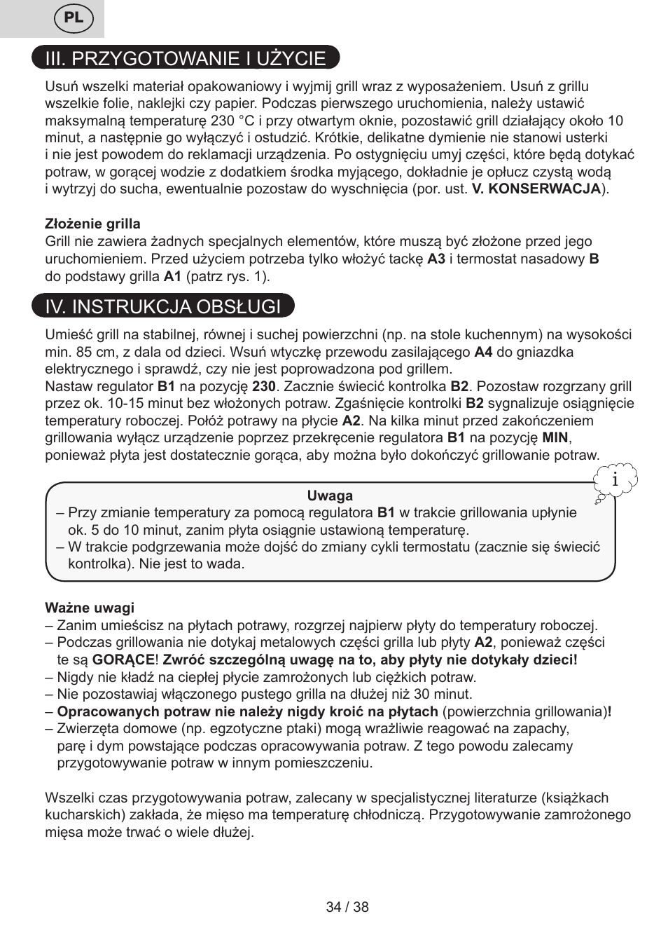 Iii. przygotowanie i użycie, Iv. instrukcja obsługi | ETA Grado User Manual | Page 34 / 40