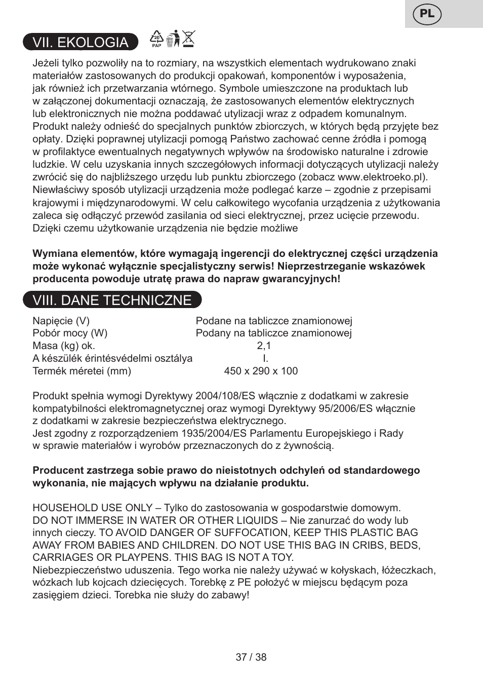 Vii. ekologia, Viii. dane techniczne | ETA Grado User Manual | Page 37 / 40