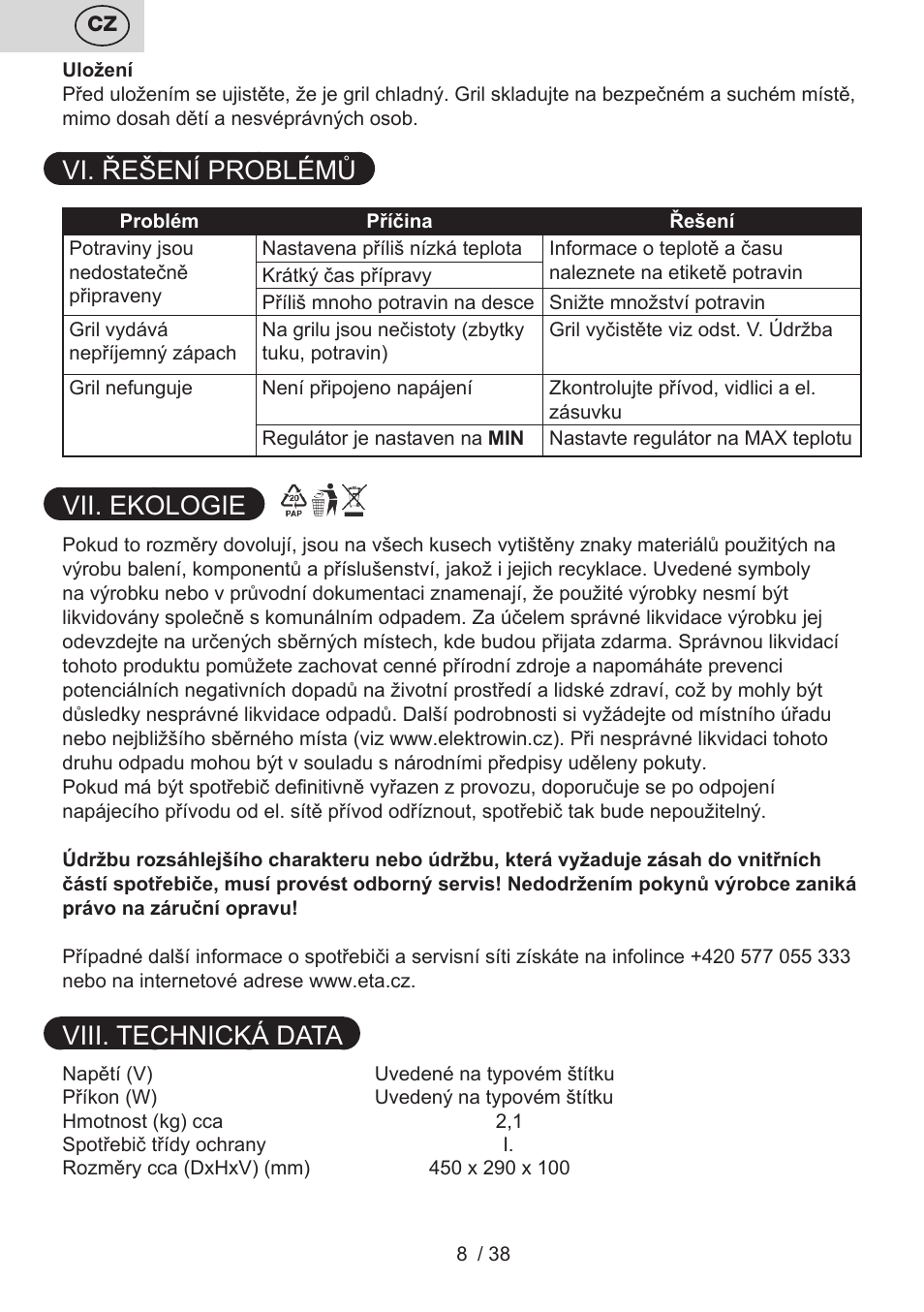 Vi. řešení problémů, Vii. ekologie, Viii. technická data | ETA Grado User Manual | Page 8 / 40