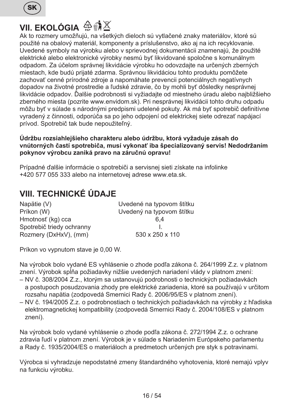 Vii. ekológia, Viii. technické údaje | ETA Vital User Manual | Page 16 / 64