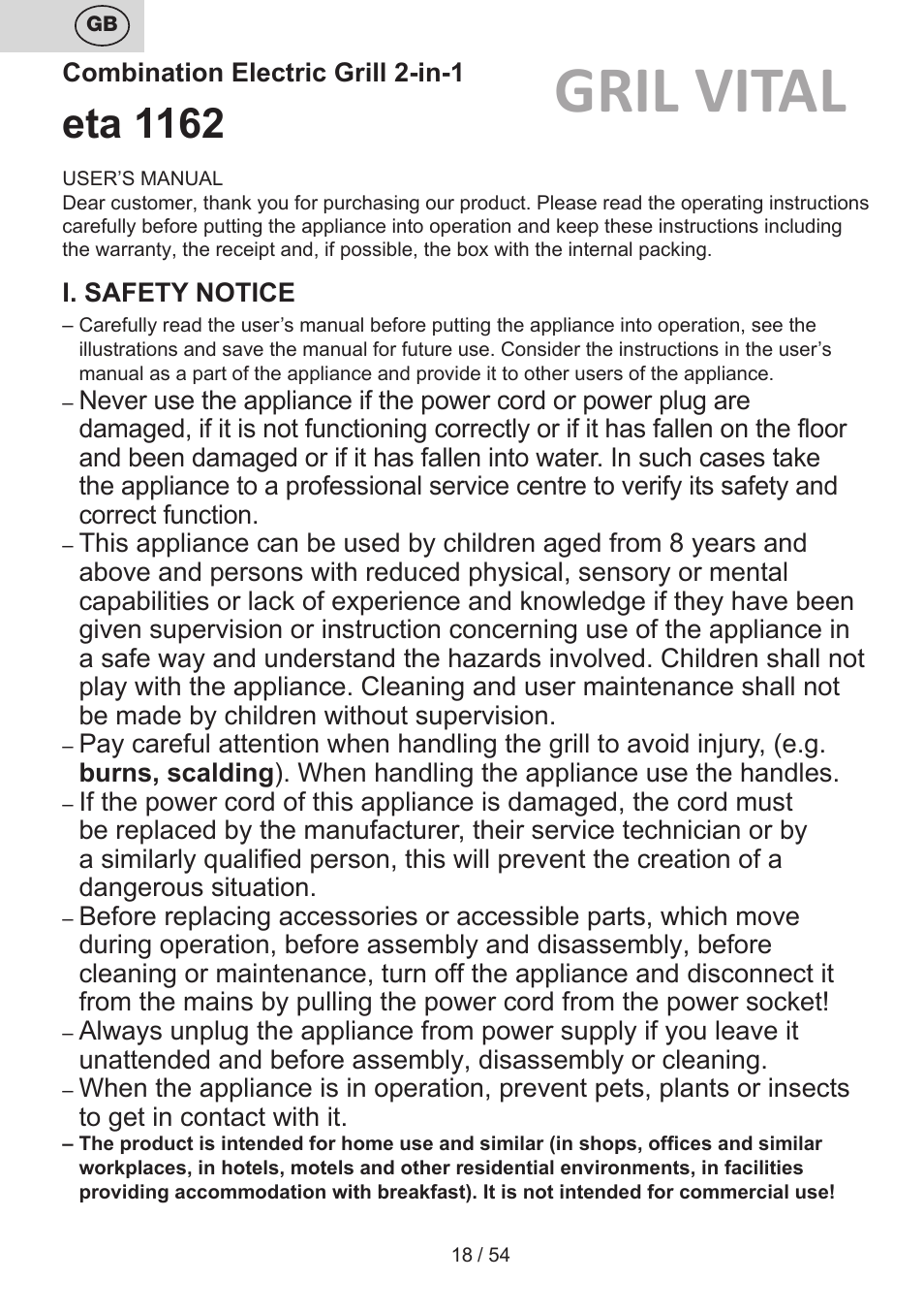 Gril vital, Eta 1162 | ETA Vital User Manual | Page 18 / 64