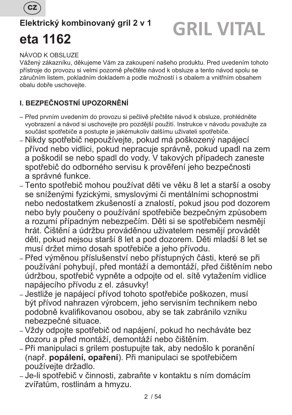 Gril vital, Eta 1162 | ETA Vital User Manual | Page 2 / 64