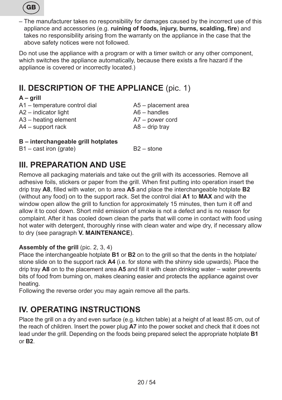 Ii. description of the appliance (pic. 1), Iii. preparation and use, Iv. operating instructions | ETA Vital User Manual | Page 20 / 64