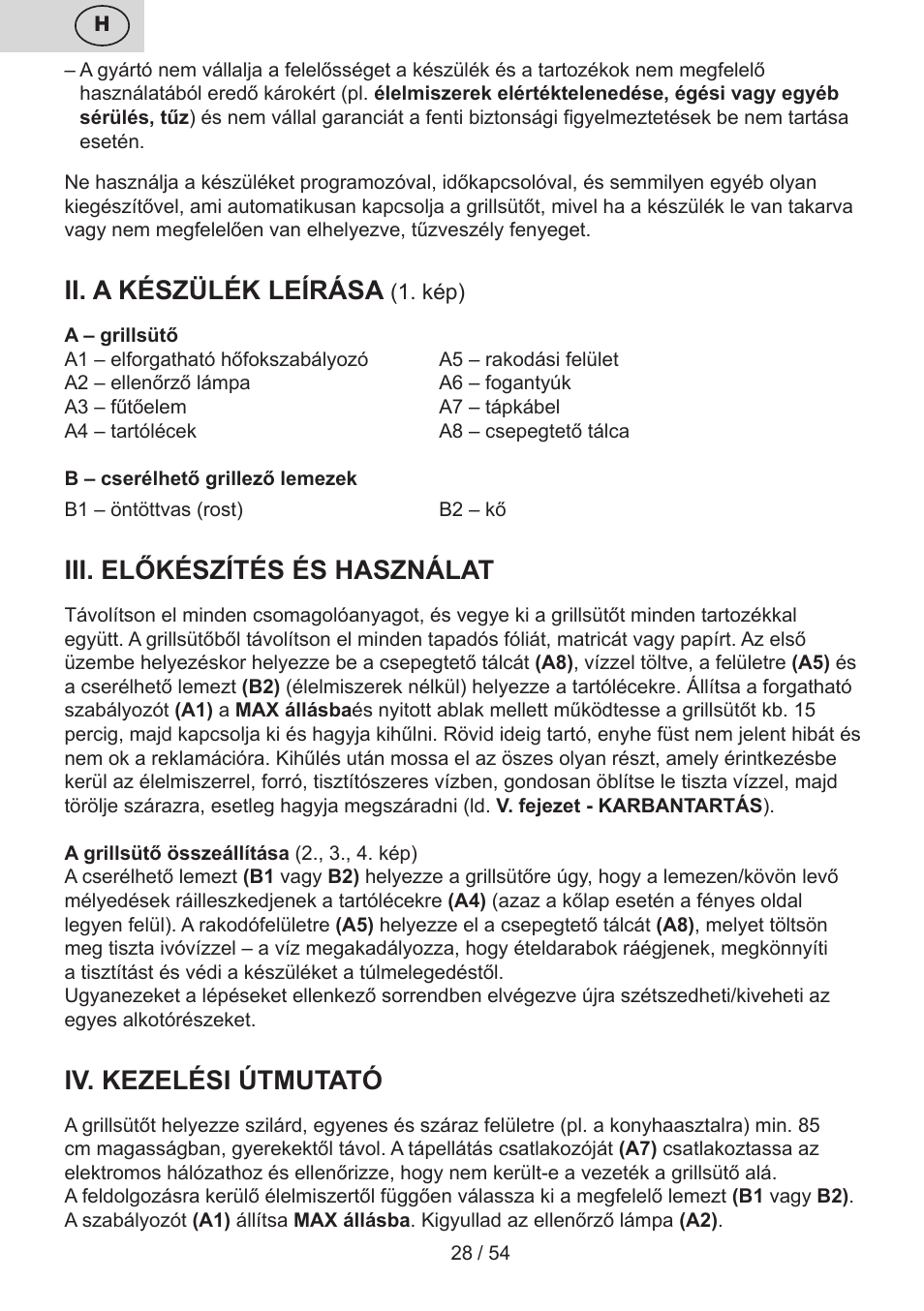 Ii. a készülék leírása, Iii. előkészítés és használat, Iv. kezelési útmutató | ETA Vital User Manual | Page 28 / 64